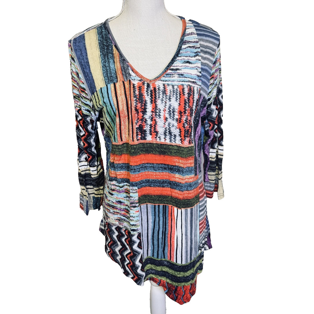 Parsley & Sage Tunic Top sz L Art to Wear Colorful Knit Assymetrical Hem Blouse
